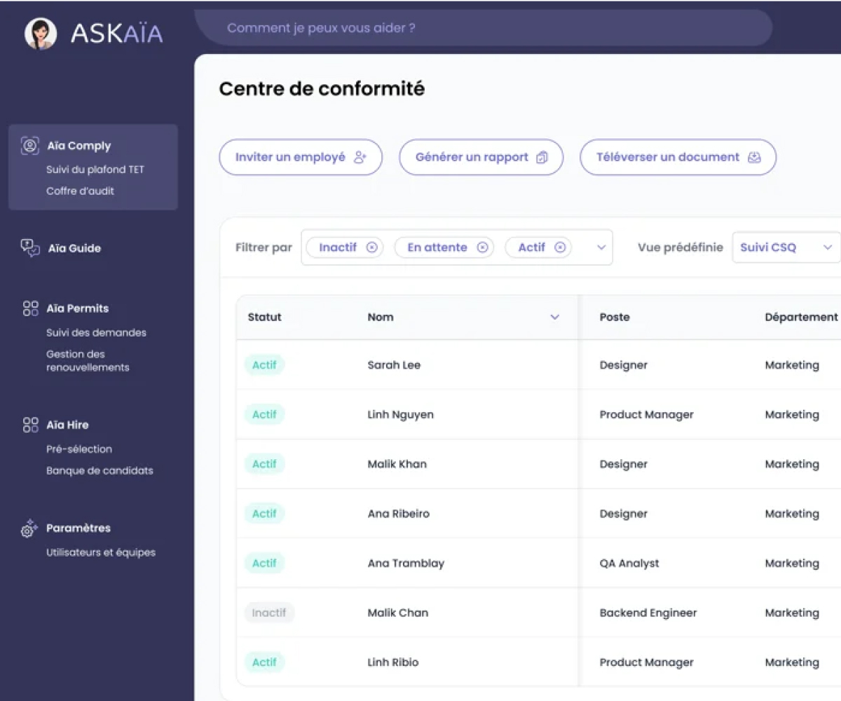 Aïa Comply automatise la conformité immigration pour les RH : suivi des permis, plafond TET par site sous contrôle et audits prêts en minutes.