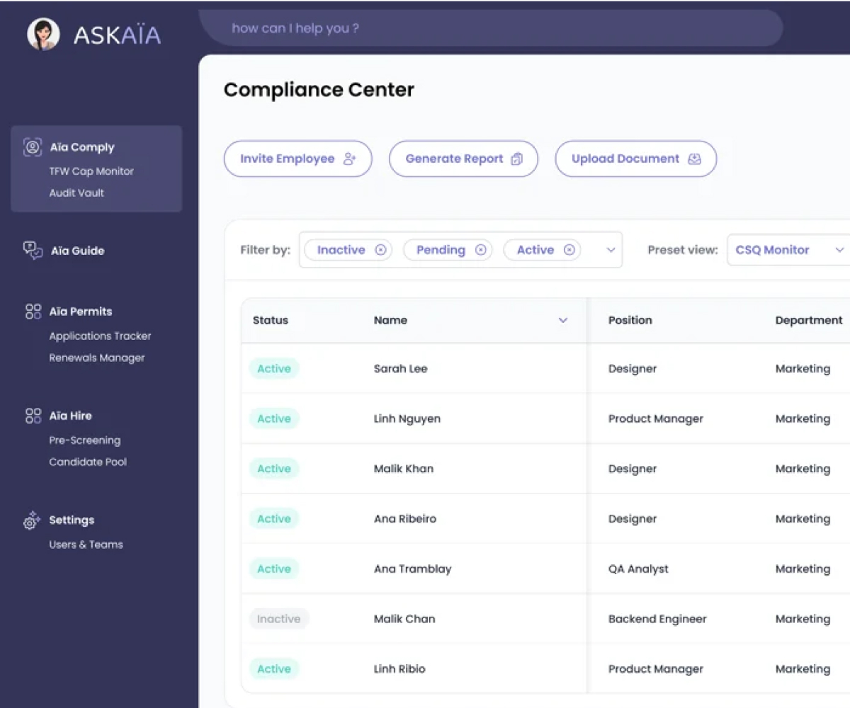 Aïa Comply automates immigration compliance for HR: permit tracking, TET ceilings per site under control and audits ready in minutes.